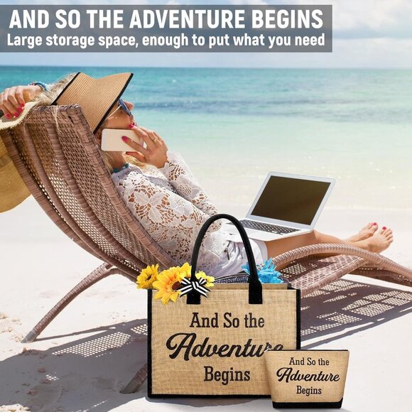 Beach Bag Set Canvas Tote Sun Visor Makeup Bag for Travel Summer - Picture 4 of 7